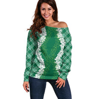 Hawaii Aloha Plumeria Lei Green Palaka Off Shoulder Sweater - Polynesian Pride