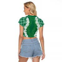 Hawaii Aloha Plumeria Lei Green Palaka Raglan Cropped T Shirt - Polynesian Pride