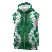 Hawaii Aloha Plumeria Lei Green Palaka Sleeveless Zip Hoodie LT7 Green - Polynesian Pride