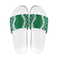 Hawaii Aloha Plumeria Lei Green Palaka Slide Sandals - Polynesian Pride