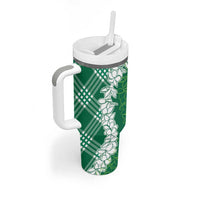 Hawaii Aloha Plumeria Lei Green Palaka Tumbler With Handle - Polynesian Pride