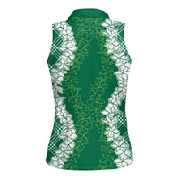 Hawaii Aloha Plumeria Lei Green Palaka Women Sleeveless Polo Shirt - Polynesian Pride