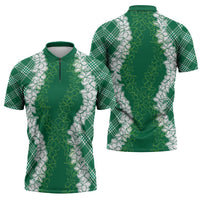 Hawaii Aloha Plumeria Lei Green Palaka Zipper Polo Shirt - Polynesian Pride