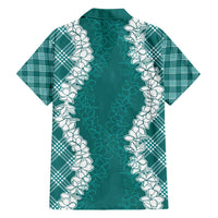 Hawaii Aloha Plumeria Lei Teal Palaka Family Matching Off Shoulder Maxi Dress and Hawaiian Shirt - Polynesian Pride