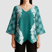 Hawaii Aloha Plumeria Lei Teal Palaka Kimono Sleeve Blouse - Polynesian Pride