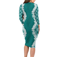 Hawaii Aloha Plumeria Lei Teal Palaka Long Sleeve Bodycon Dress - Polynesian Pride