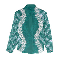 Hawaii Aloha Plumeria Lei Teal Palaka Women Casual Shirt - Polynesian Pride