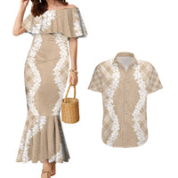 Hawaii Aloha Plumeria Lei Beige Palaka Couples Matching Mermaid Dress and Hawaiian Shirt LT7 Beige - Polynesian Pride