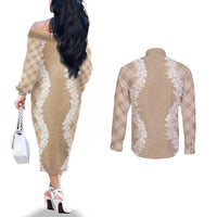 Hawaii Aloha Plumeria Lei Beige Palaka Couples Matching Off The Shoulder Long Sleeve Dress and Long Sleeve Button Shirt - Polynesian Pride