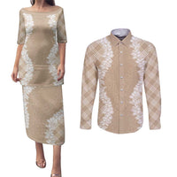 Hawaii Aloha Plumeria Lei Beige Palaka Couples Matching Puletasi and Long Sleeve Button Shirt - Polynesian Pride