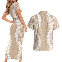 Hawaii Aloha Plumeria Lei Beige Palaka Couples Matching Short Sleeve Bodycon Dress and Hawaiian Shirt LT7 - Polynesian Pride