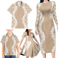Hawaii Aloha Plumeria Lei Beige Palaka Family Matching Long Sleeve Bodycon Dress and Hawaiian Shirt - Polynesian Pride