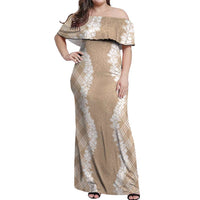 Hawaii Aloha Plumeria Lei Beige Palaka Off Shoulder Maxi Dress - Polynesian Pride