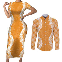 Hawaii Aloha Plumeria Lei Orange Palaka Couples Matching Short Sleeve Bodycon Dress and Long Sleeve Button Shirt - Polynesian Pride