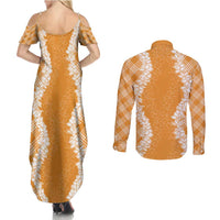 Hawaii Aloha Plumeria Lei Orange Palaka Couples Matching Summer Maxi Dress and Long Sleeve Button Shirt - Polynesian Pride