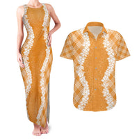 Hawaii Aloha Plumeria Lei Orange Palaka Couples Matching Tank Maxi Dress and Hawaiian Shirt - Polynesian Pride