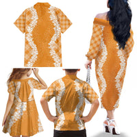Hawaii Aloha Plumeria Lei Orange Palaka Family Matching Off The Shoulder Long Sleeve Dress and Hawaiian Shirt - Polynesian Pride