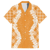 Hawaii Aloha Plumeria Lei Orange Palaka Family Matching Off The Shoulder Long Sleeve Dress and Hawaiian Shirt - Polynesian Pride