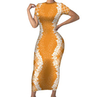 Hawaii Aloha Plumeria Lei Orange Palaka Family Matching Short Sleeve Bodycon Dress and Hawaiian Shirt - Polynesian Pride