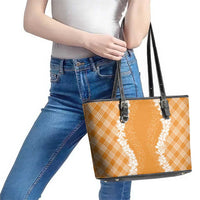 Hawaii Aloha Plumeria Lei Orange Palaka Leather Tote Bag - Polynesian Pride