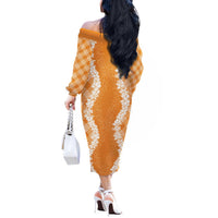 Hawaii Aloha Plumeria Lei Orange Palaka Off The Shoulder Long Sleeve Dress - Polynesian Pride