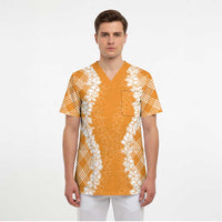 Hawaii Aloha Plumeria Lei Orange Palaka Scrub Top - Polynesian Pride