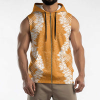 Hawaii Aloha Plumeria Lei Orange Palaka Sleeveless Zip Hoodie - Polynesian Pride