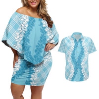 Hawaii Aloha Plumeria Lei Turquoise Palaka Couples Matching Off Shoulder Short Dress and Hawaiian Shirt - Polynesian Pride