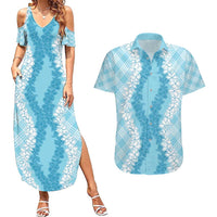 Hawaii Aloha Plumeria Lei Turquoise Palaka Couples Matching Summer Maxi Dress and Hawaiian Shirt - Polynesian Pride