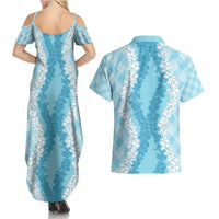 Hawaii Aloha Plumeria Lei Turquoise Palaka Couples Matching Summer Maxi Dress and Hawaiian Shirt - Polynesian Pride
