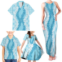 Hawaii Aloha Plumeria Lei Turquoise Palaka Family Matching Tank Maxi Dress and Hawaiian Shirt - Polynesian Pride
