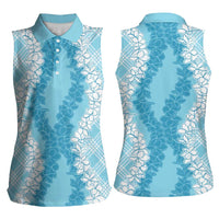Hawaii Aloha Plumeria Lei Turquoise Palaka Women Sleeveless Polo Shirt - Polynesian Pride