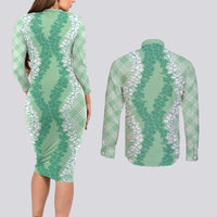 Hawaii Aloha Plumeria Lei Mint Palaka Couples Matching Long Sleeve Bodycon Dress and Long Sleeve Button Shirt - Polynesian Pride