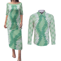 Hawaii Aloha Plumeria Lei Mint Palaka Couples Matching Puletasi and Long Sleeve Button Shirt LT7 Mint - Polynesian Pride