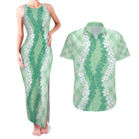Hawaii Aloha Plumeria Lei Mint Palaka Couples Matching Tank Maxi Dress and Hawaiian Shirt - Polynesian Pride