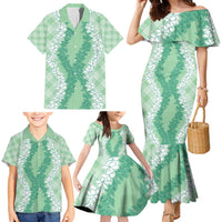 Hawaii Aloha Plumeria Lei Mint Palaka Family Matching Mermaid Dress and Hawaiian Shirt - Polynesian Pride