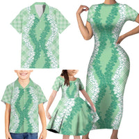 Hawaii Aloha Plumeria Lei Mint Palaka Family Matching Short Sleeve Bodycon Dress and Hawaiian Shirt - Polynesian Pride