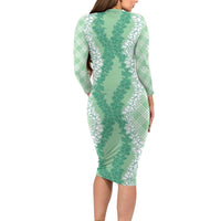 Hawaii Aloha Plumeria Lei Mint Palaka Long Sleeve Bodycon Dress - Polynesian Pride