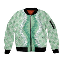Hawaii Aloha Plumeria Lei Mint Palaka Sleeve Zip Bomber Jacket - Polynesian Pride