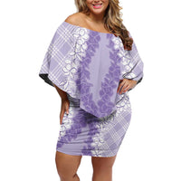 Hawaii Aloha Plumeria Lei Lavender Palaka Off Shoulder Short Dress - Polynesian Pride