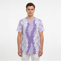 Hawaii Aloha Plumeria Lei Lavender Palaka Scrub Top - Polynesian Pride
