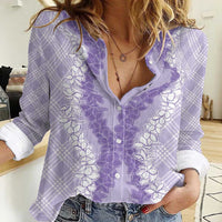 Hawaii Aloha Plumeria Lei Lavender Palaka Women Casual Shirt - Polynesian Pride