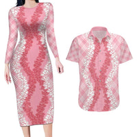 Hawaii Aloha Plumeria Lei Pink Palaka Couples Matching Long Sleeve Bodycon Dress and Hawaiian Shirt LT7 Pink - Polynesian Pride