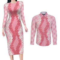 Hawaii Aloha Plumeria Lei Pink Palaka Couples Matching Long Sleeve Bodycon Dress and Long Sleeve Button Shirt - Polynesian Pride