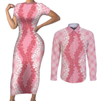 Hawaii Aloha Plumeria Lei Pink Palaka Couples Matching Short Sleeve Bodycon Dress and Long Sleeve Button Shirt - Polynesian Pride