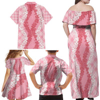 Hawaii Aloha Plumeria Lei Pink Palaka Family Matching Off Shoulder Maxi Dress and Hawaiian Shirt - Polynesian Pride