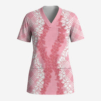 Hawaii Aloha Plumeria Lei Pink Palaka Scrub Top - Polynesian Pride