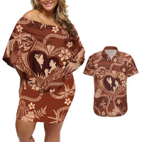 Hawaii Plumeria Couples Matching Off Shoulder Short Dress and Hawaiian Shirt Hau'oli la Makuahine Sunburned LT7 Brown - Polynesian Pride