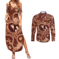 Hawaii Plumeria Couples Matching Summer Maxi Dress and Long Sleeve Button Shirt Hau'oli la Makuahine Sunburned LT7 Brown - Polynesian Pride