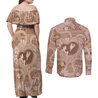 Hawaii Plumeria Couples Matching Off Shoulder Maxi Dress and Long Sleeve Button Shirt Hau'oli la Makuahine Beige LT7 - Polynesian Pride